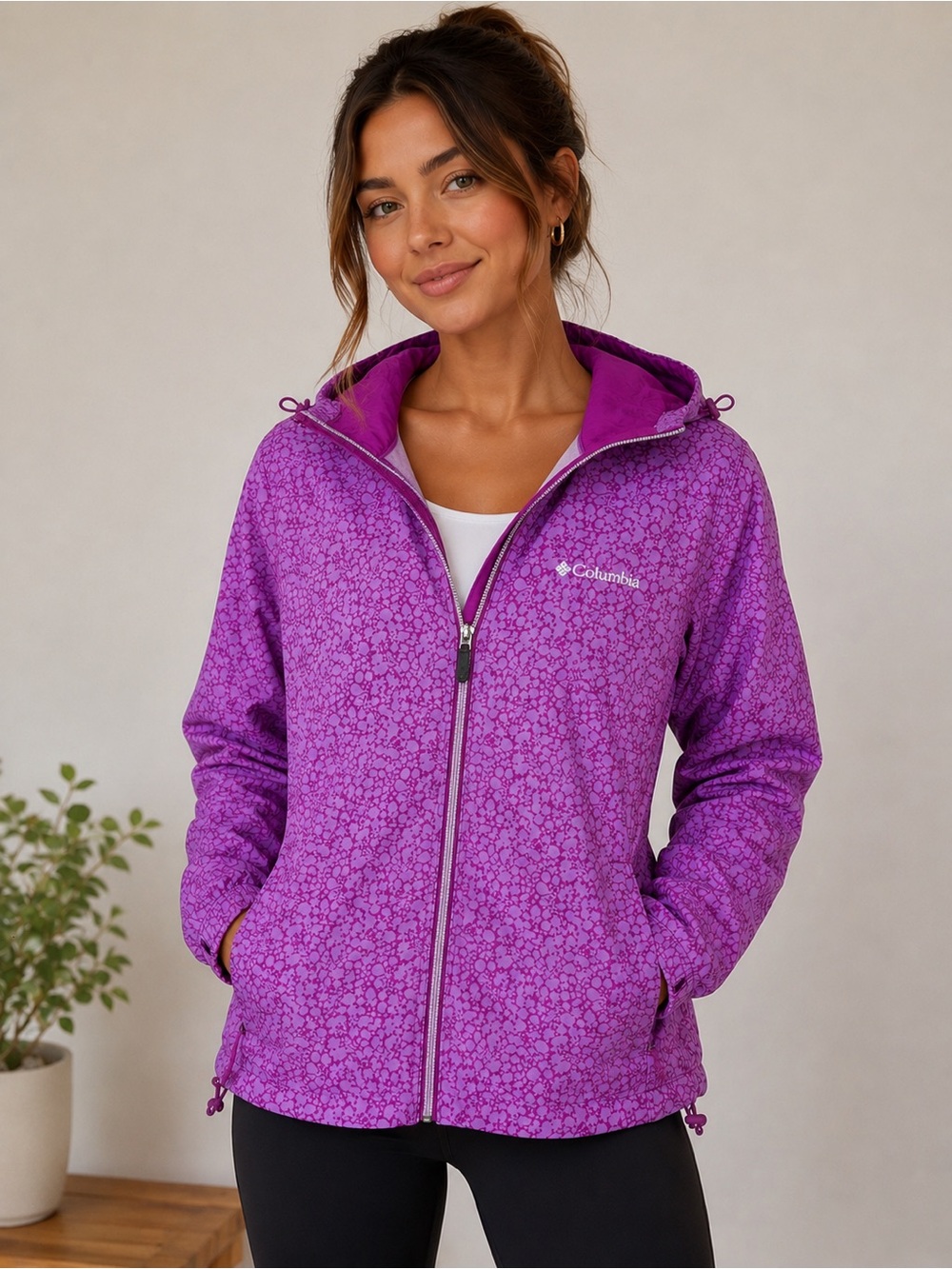 Columbia Women's Purple Printed Hooded lightweight Jacket zip windbreaker Small